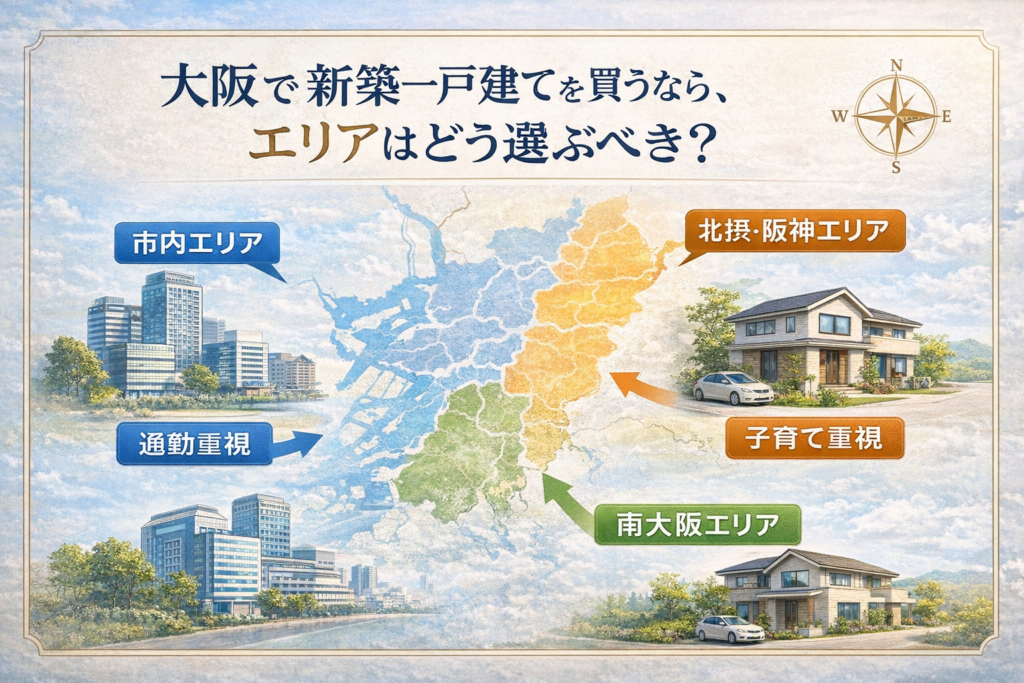 大阪で新築一戸建てを探す人向けに、市内・北摂阪神・南大阪のエリア特徴を比較できる簡易マップ図。通勤重視や子育て重視などの視点も示している