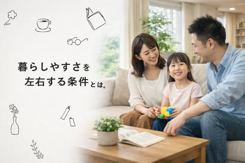 明るいリビングで家族が過ごす様子を使い、暮らしやすさを左右する条件を紹介する記事用バナー画像