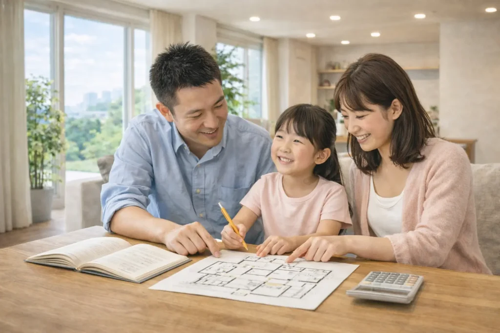 明るい室内で家族が図面やノートを見ながら家探しを相談している、まとめ直前に入れるためのやわらかいイメージ画像