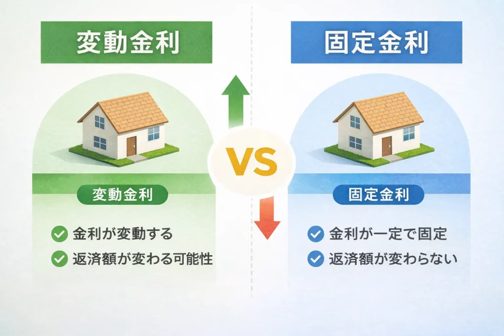 住宅ローンの変動金利と固定金利の違いを比較して示した図版イメージ