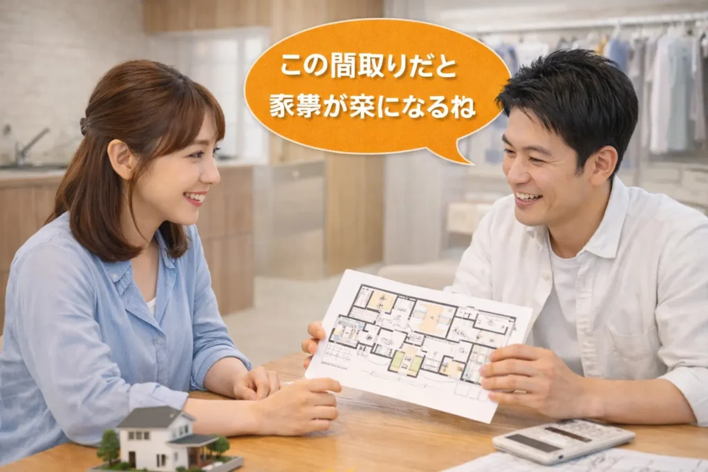 間取り図を見ながら家事動線の基本を考える夫婦のイメージ