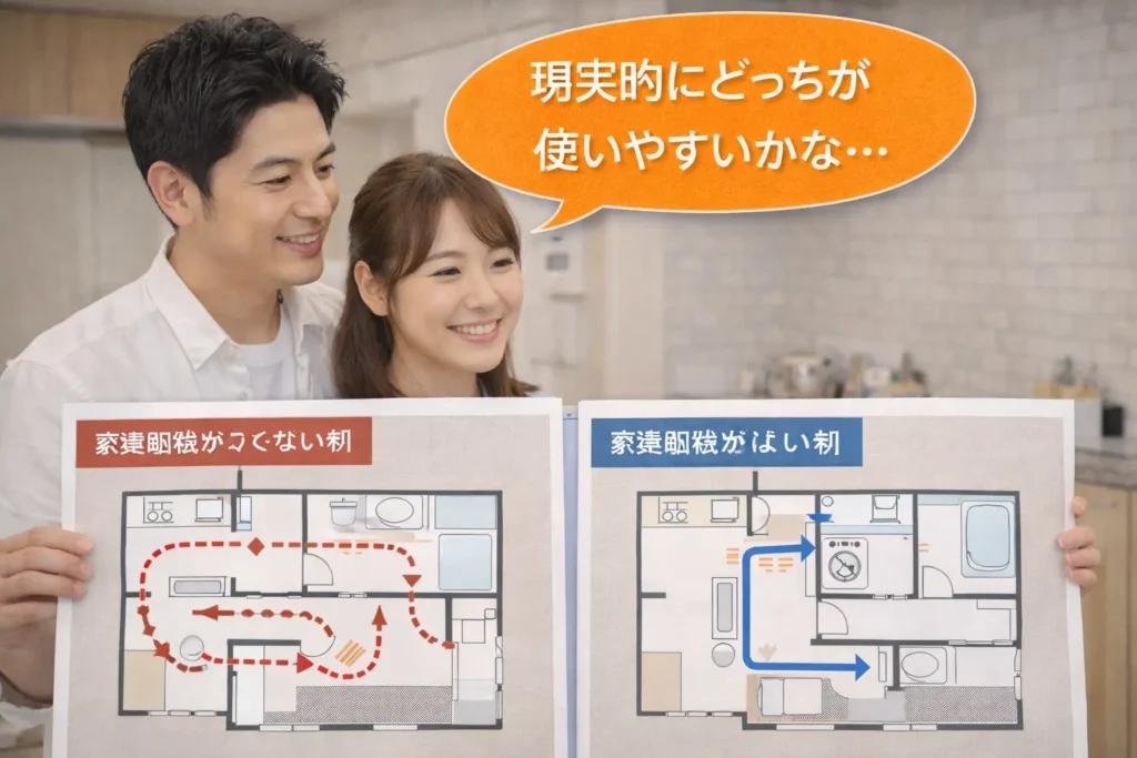 家事動線の違いを比較しながら間取りを確認する夫婦のイメージ