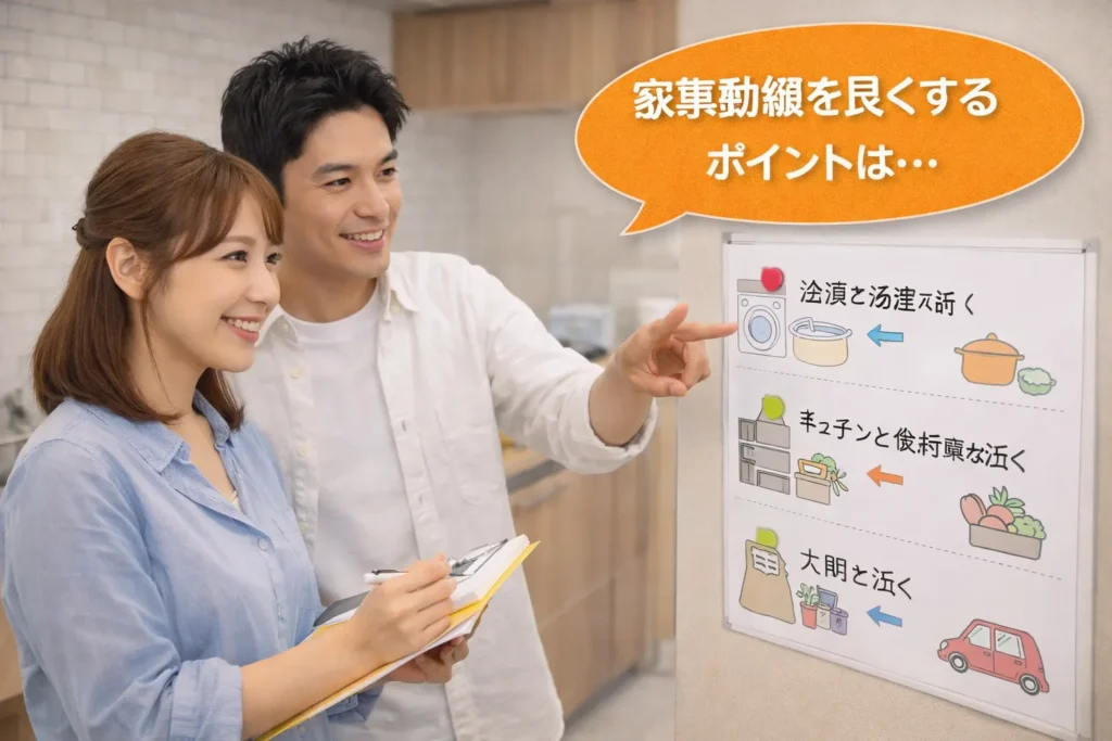家事動線を良くする工夫を確認する夫婦のイメージ