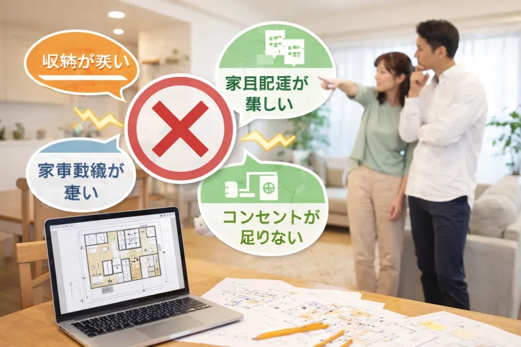 リビング空間で間取り図を確認しながら住まいの課題を考える夫婦の様子。土地条件や将来変化も含めて間取りを検討するイメージの実写画像。