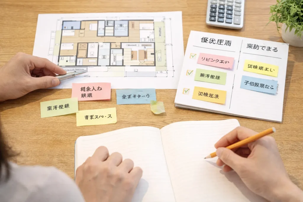 間取り図と付箋、ノートを使って家づくりの優先順位を整理している様子。間取りで失敗しないために最初に決めるべきことを考えるイメージの実写画像。