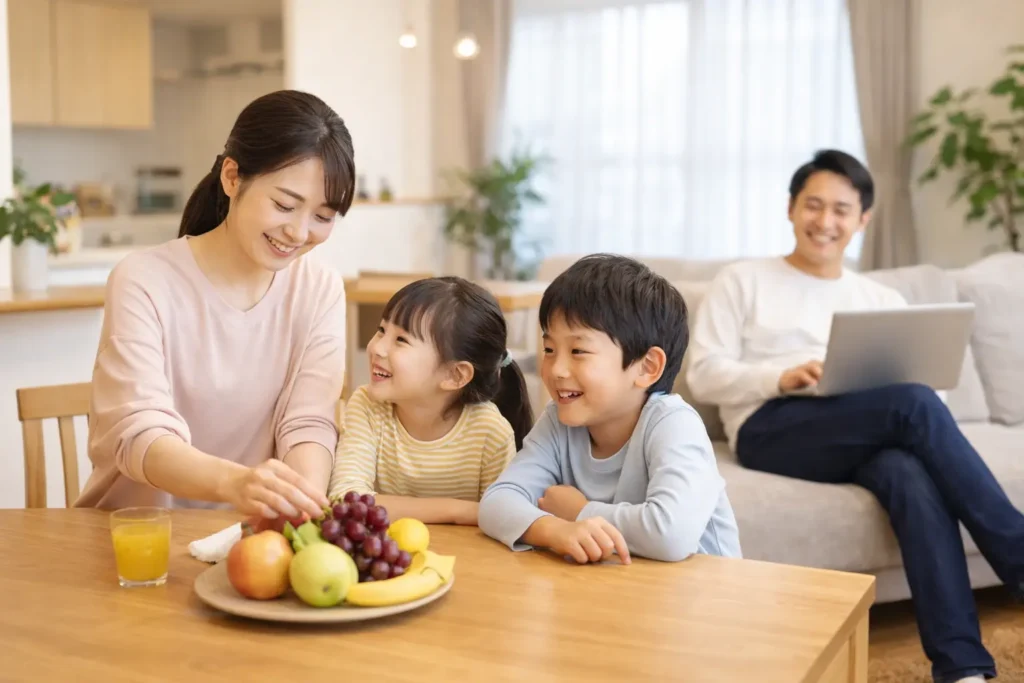 明るいLDKで過ごす家族の様子。生活しやすさを左右する間取りの重要ポイントをイメージした実写画像。