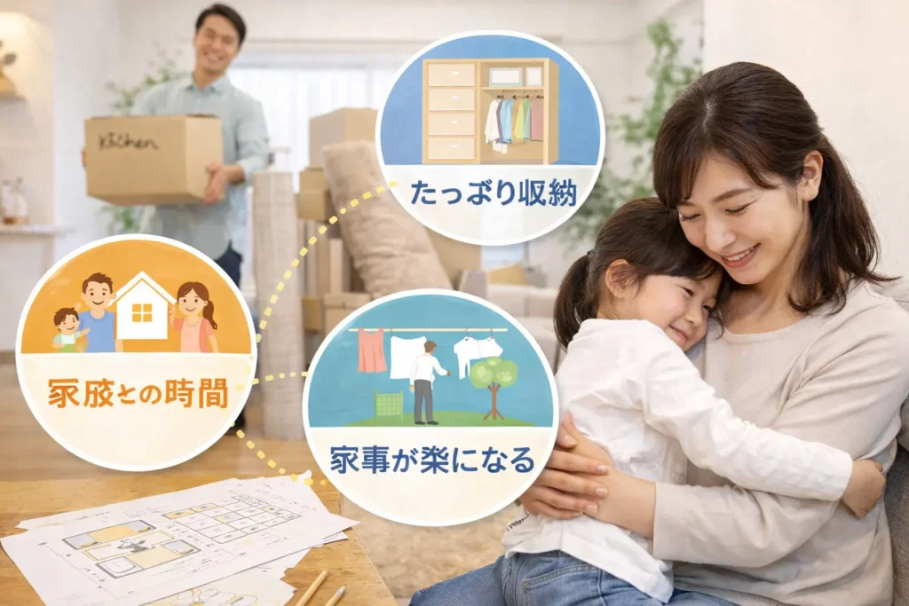 新しい住まいをイメージしながら親子で過ごす様子。設計打ち合わせ前に家族で暮らし方や希望を整理するイメージの実写画像。
