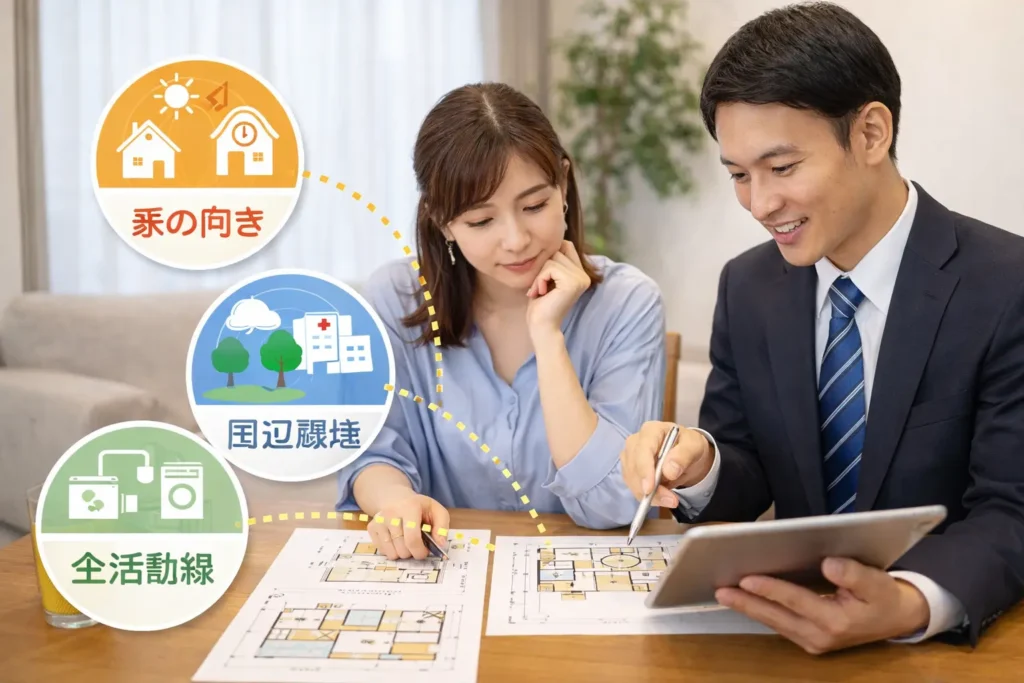 間取り図を見ながら住宅の相談をする女性と担当者の様子。図面では気づきにくい失敗を防ぐチェックポイントをイメージした実写画像。