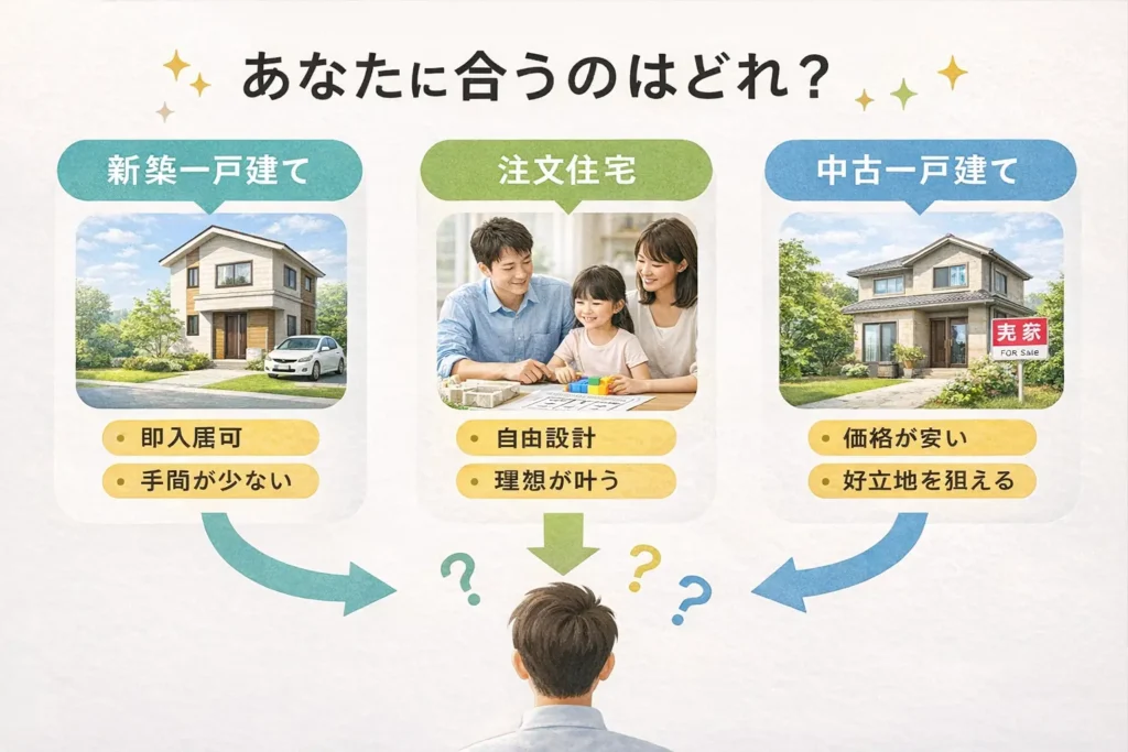 新築一戸建て・注文住宅・中古一戸建ての3つの選択肢を比較し、自分に合う家の選び方を考えるための比較図