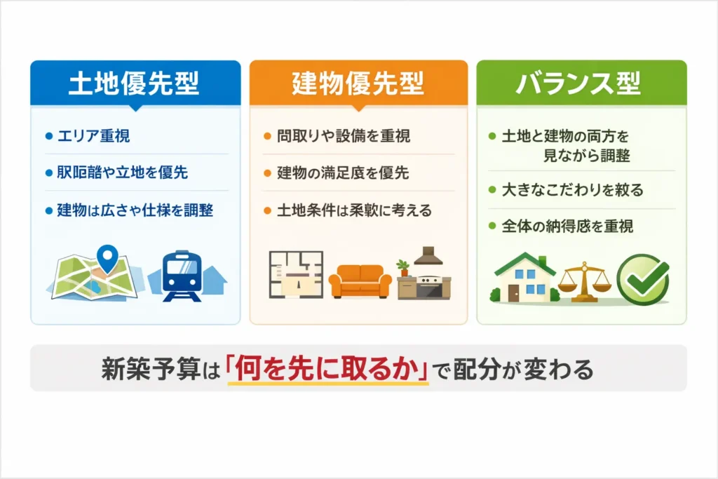 新築予算の土地優先型・建物優先型・バランス型の3つの配分パターンを比較した図解画像