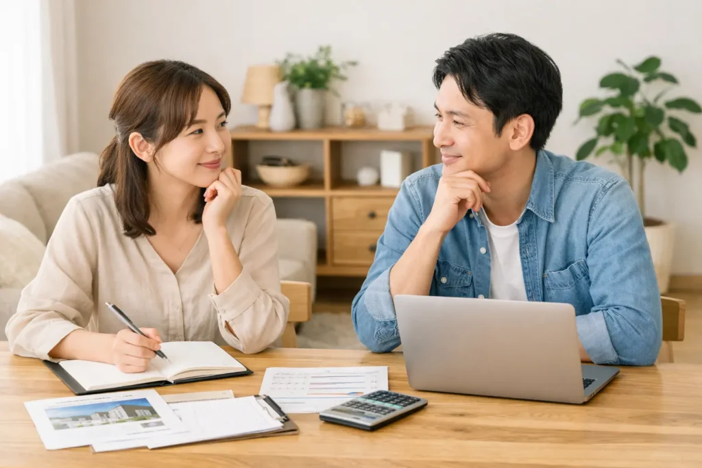 新築の予算や家づくりについて夫婦がノートや資料を見ながら落ち着いて相談している写真