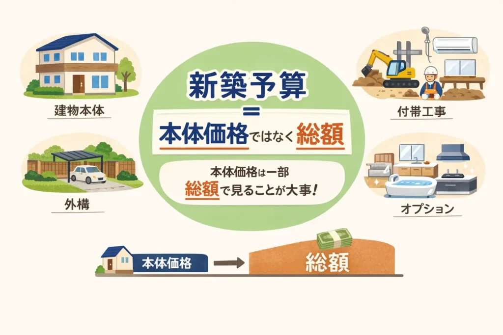 新築予算は建物本体価格ではなく諸費用・付帯工事・外構・オプションを含めた総額で考えることを示した図解画像