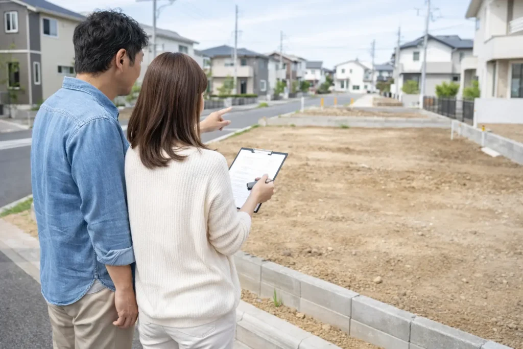 候補地の現地確認として、住宅街の更地と前面道路を見ながら確認する夫婦の写真
