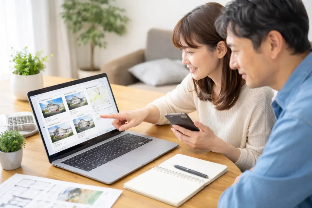 土地探しの方法を比較するために、自宅でノートパソコンとスマートフォンを見ながら物件情報を確認する夫婦の写真