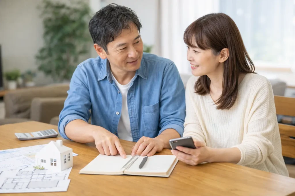 土地探しの準備として、ノートや間取り資料を見ながらダイニングテーブルで相談する夫婦の写真