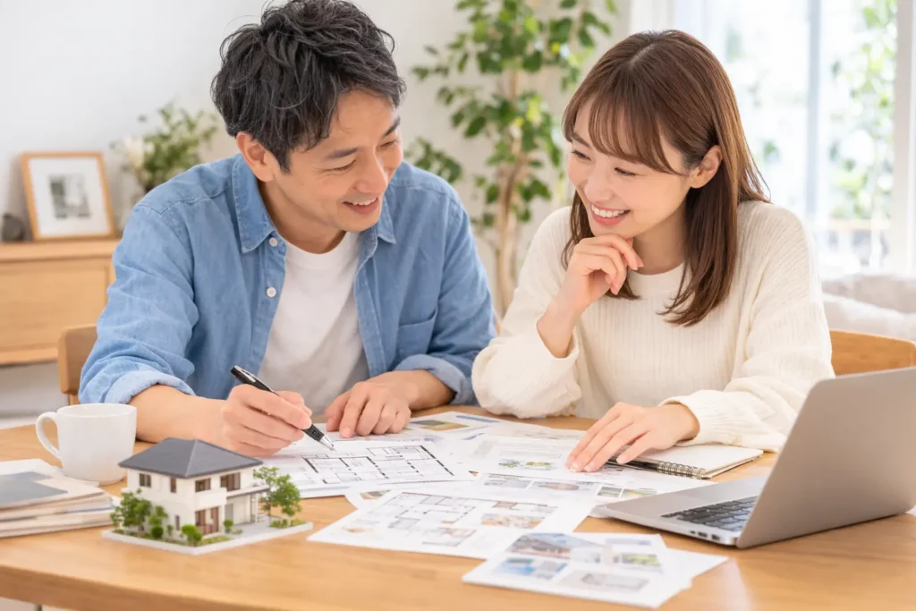 土地探しの整理と相談を進めるために、資料やノート、家の模型を見ながら前向きに話し合う夫婦の写真