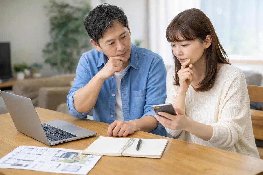 土地探しで迷いながら、ノートパソコンや資料、スマートフォンを見て比較検討する夫婦の写真