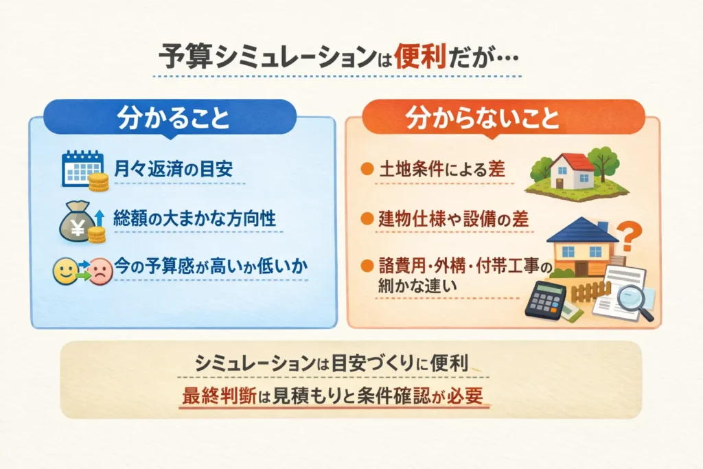 予算シミュレーションで分かることと分からないことを比較し、最終判断には見積もりと条件確認が必要と示した図解画像