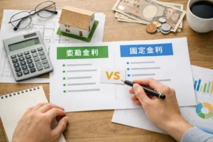 住宅ローンの変動金利と固定金利を比較しながら資料と電卓で検討しているサムネイル画像