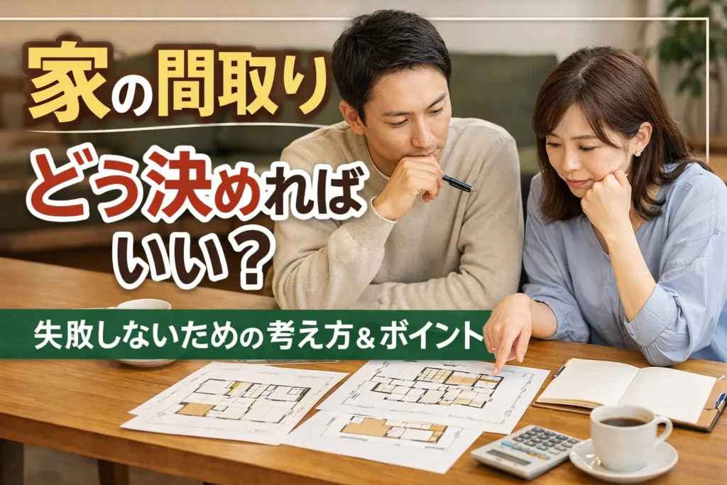 間取り図を見ながら家づくりの相談をする夫婦の様子。家の間取りをどう決めればいいか考えているイメージのサムネイル画像。