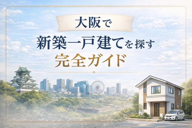 大阪で新築一戸建てを探す完全ガイドのアイキャッチ画像。大阪城と都心の街並みを背景に、戸建て住宅とタイトルを上品なデザインで配置している