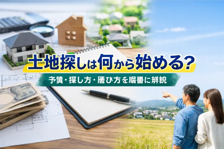 土地探しは何から始めるかをテーマに、家の模型・ノート・資金・土地を眺める夫婦を組み合わせたサムネイル画像