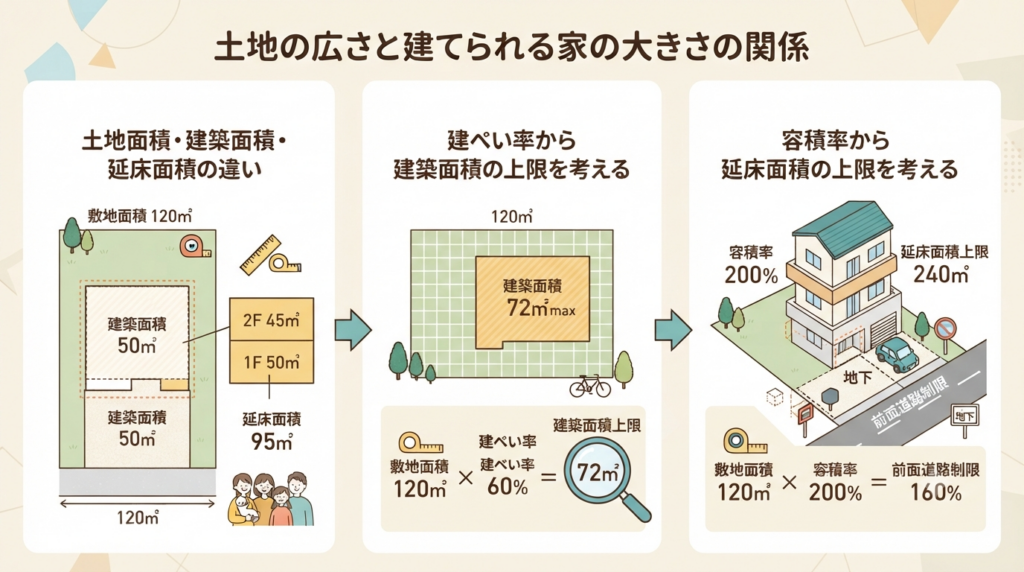 土地面積と建てられる家の大きさの関係を、建ぺい率と容積率で解説する図解。左から順に:敷地面積と建築・延床面積の違い、建ぺい率による建築面積の上限(120㎡×60%=72㎡)、容積率による延床面積の上限(前面道路制限により200%→160%へ緩和、120㎡×160%=192㎡)を計算式とイラストで比較。