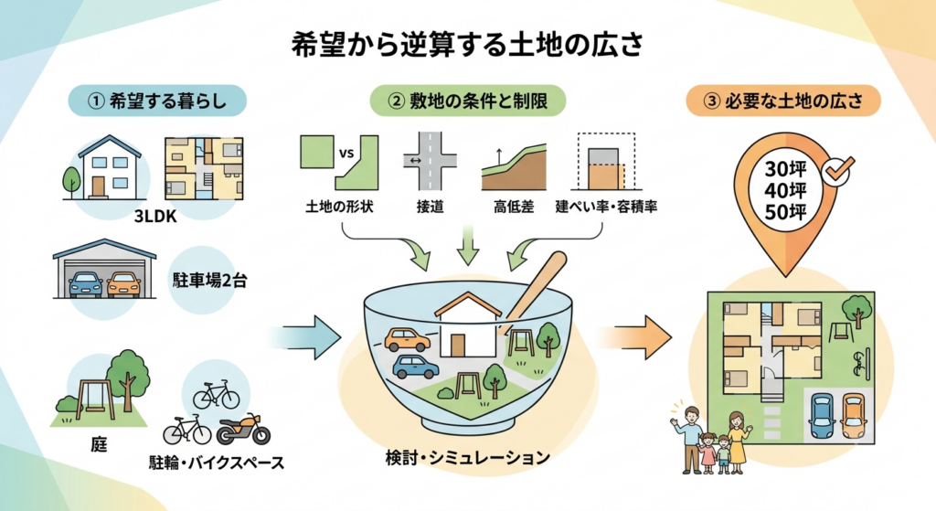 希望条件(暮らし、条件・制限)から逆算して必要な土地の広さを決定する流れを、3ステップの図解で解説します。