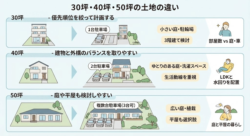 30、40、50坪の土地ごとの住宅プラン比較図。30坪は3階建てで駐車場1台、40坪は2階建てで駐車場2台と庭、50坪は平屋で駐車場複数台と広い庭が可能。
