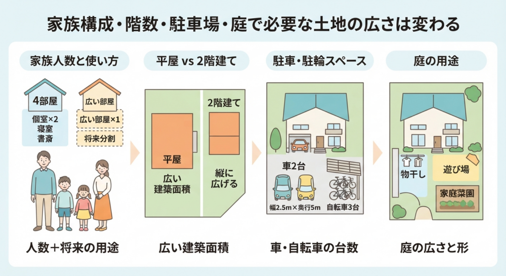 家族構成、階数、駐車場、庭の要素が土地の広さに与える影響を比較した図解。