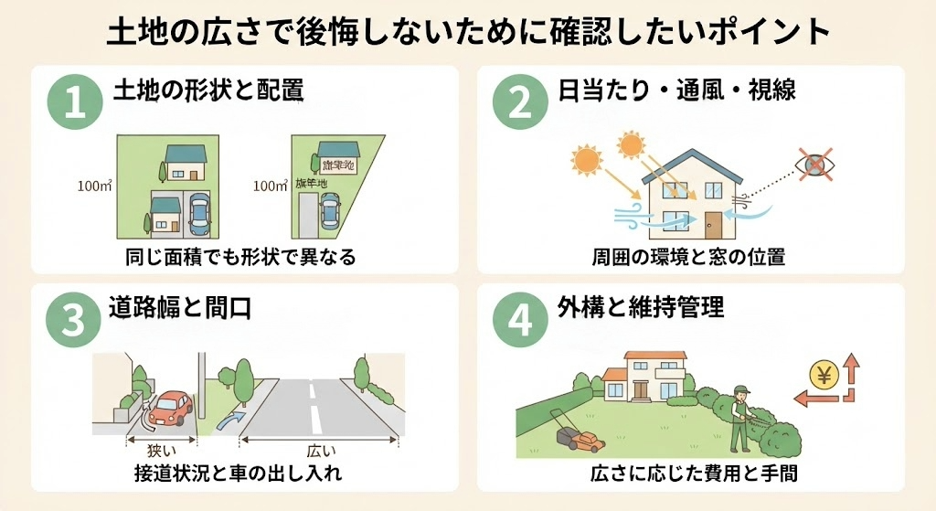土地の広さで後悔しないために確認したい4つのポイント(形状、環境、接道、維持管理)を図解したインフォグラフィック。
