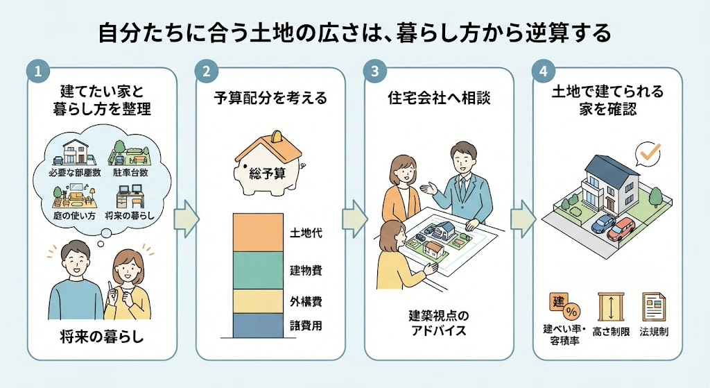 「暮らし方から逆算する土地の広さ決定までの4ステップ(整理、予算配分、相談、法規制確認)」の図解。