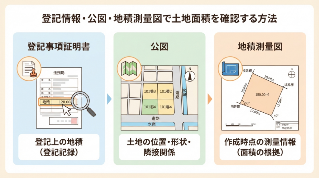 登記事項証明書、公図、地積測量図の3種類の資料で土地面積を確認する方法を順を追って解説する図解です。