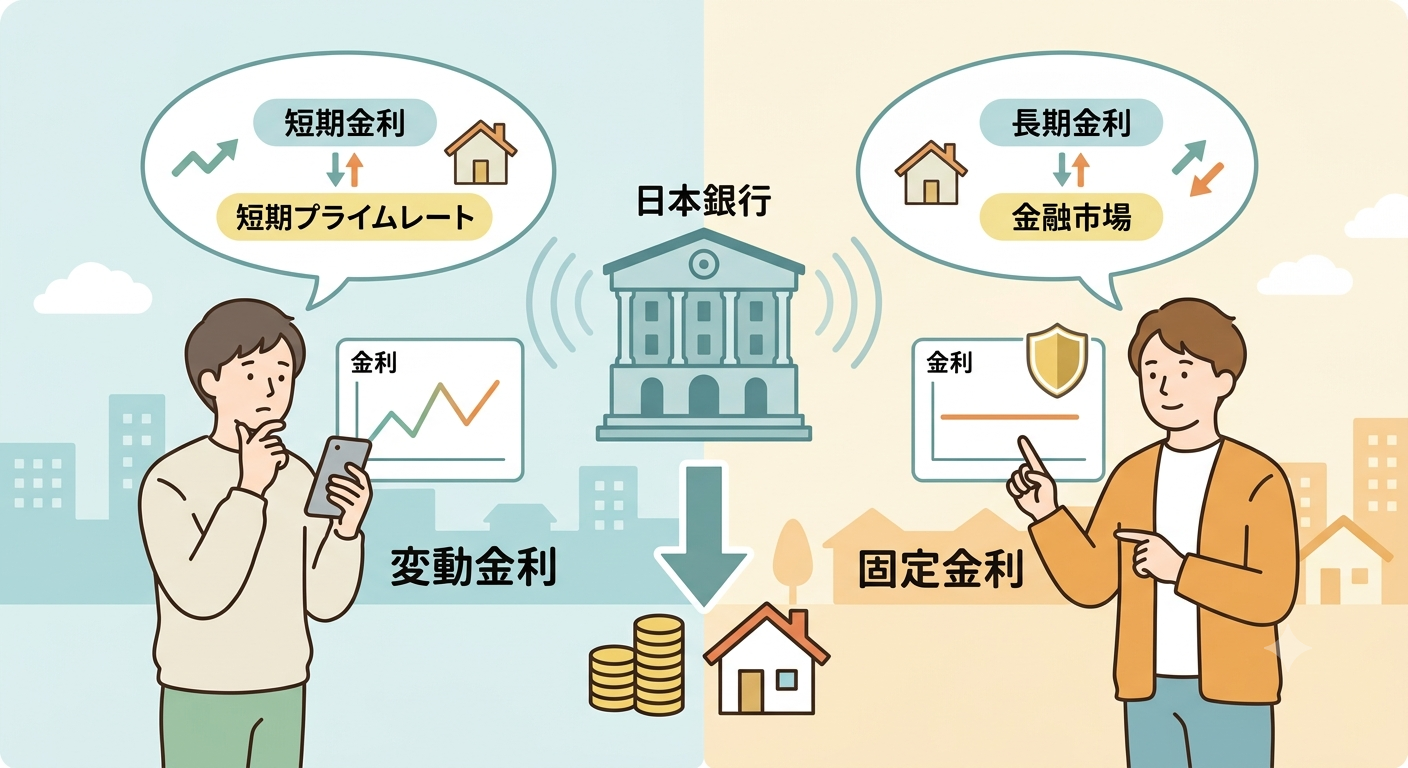 「日本銀行」を中心に、左側に「短期金利・短期プライムレート」に影響される「変動金利」の仕組みと、金利グラフをスマホで見る人物を配置。右側に「長期金利・金融市場」に影響される「固定金利」の仕組みと、一定の金利グラフを指さす人物を配置。