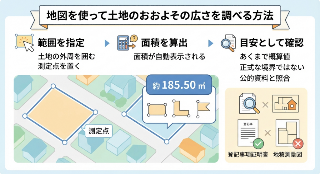 地図を使って土地の面積を概算し、目安として確認する手順を図解。