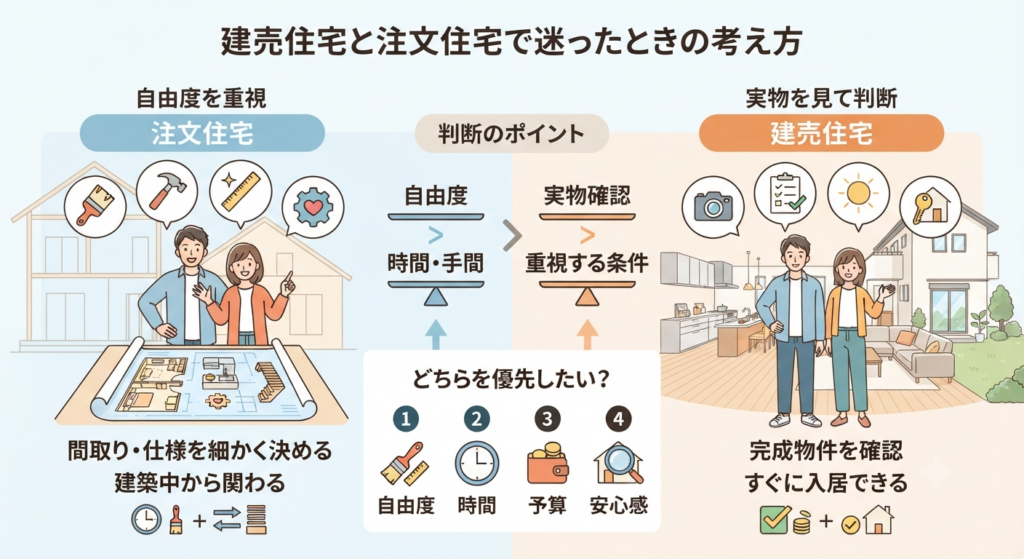 「建売住宅と注文住宅で迷ったときの考え方」という見出しのインフォグラフィック。左右に二分割され、左側は「注文住宅」で、間取り図を広げたテーブルの前に立つカップルと、家づくりの自由度を示すツール(筆、ハンマー、定規、歯車)のアイコン。下部には「間取り・仕様を細かく決める」「建築中から関わる」という説明。右側は「建売住宅」で、完成した明るいリビングの前に立つカップルと、確認事項を示すアイコン(カメラ、チェックリスト、太陽、鍵)。下部には「完成物件を確認」「すぐに入居できる」という説明。中央には「判断のポイント」として、「自由度」「実物確認」「時間・手間」「重視する条件」を比較する天秤の図と、「どちらを優先したい?(自由度、時間、予算、安心感)」という選択肢を示す番号付きアイコンが配置されている。