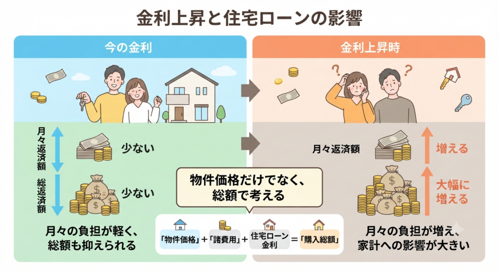 金利上昇が住宅ローンの返済額と購入総額に与える影響を比較した図解。左側の「今の金利」では返済額が少ないが、右側の「金利上昇時」では月々の返済額と総返済額が大幅に増えることを示している。