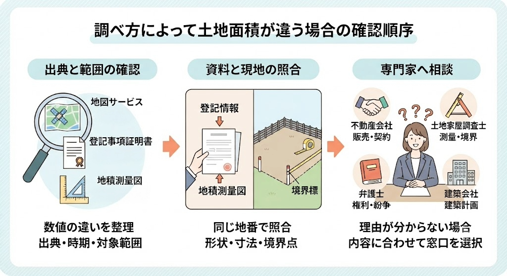 土地面積の調査・照合・相談の流れを3ステップで示した図解。