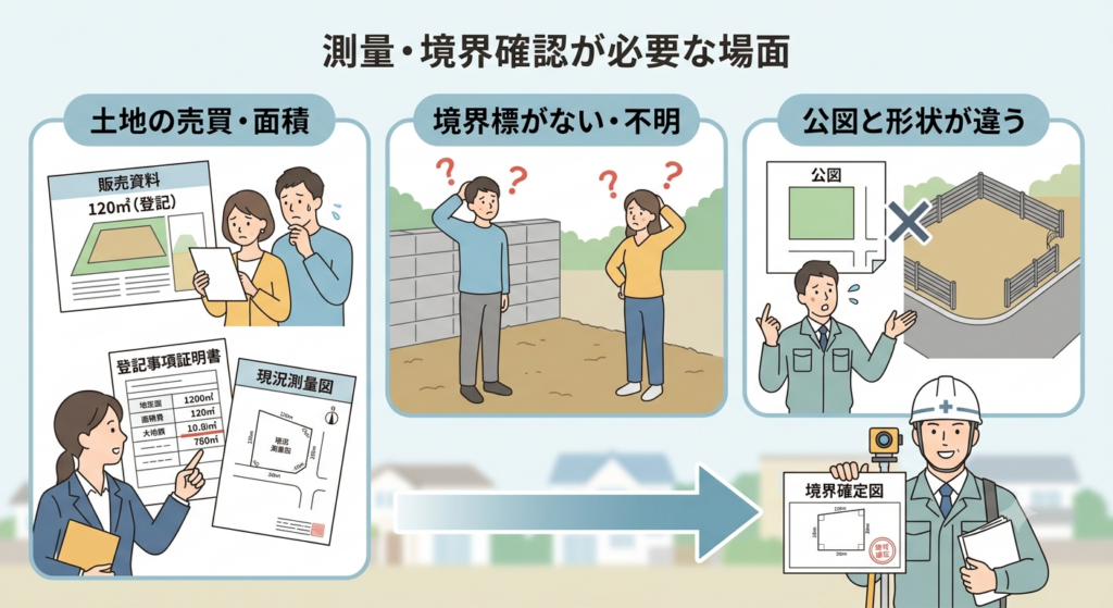 「測量・境界確認が必要になる場面」をテーマにした図解イラスト。①土地の売買・面積（資料と実測の確認）、②境界標がない・不明（現地での迷い）、③公図と形状が違う（図面と現地の不一致）の3つのケースと、専門家（土地家屋調査士）に相談する流れをやわらかいタッチのフラットイラストで表現しています。