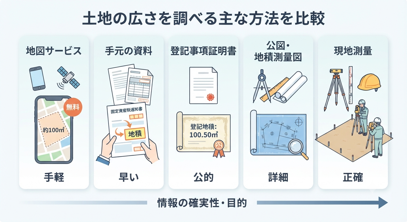 土地の広さを調べる5つの方法（地図サービス、手元の資料、登記事項証明書、公図・地積測量図、現地測量）を比較した図解。左から順に手軽さ、確実性が高まる流れを示しています。