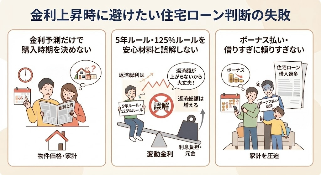金利上昇時に注意すべき住宅ローン判断の失敗例をまとめたイラスト(3つのポイント)