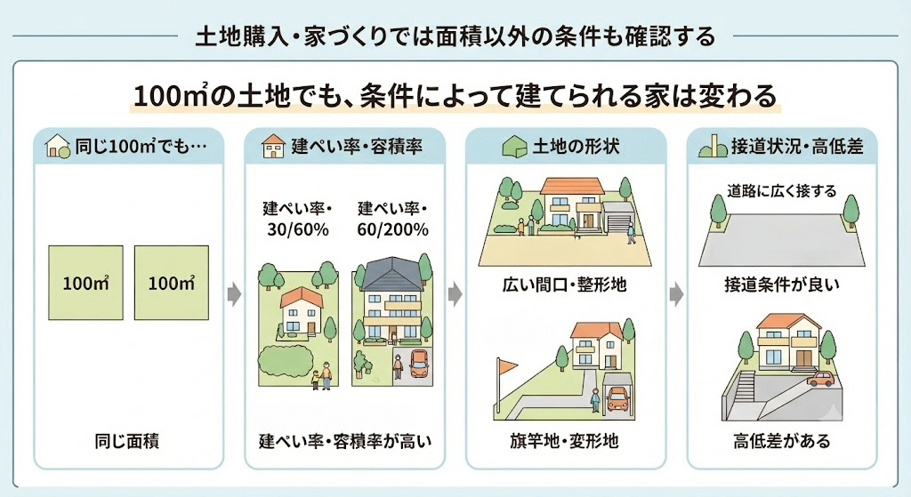 土地購入時に面積だけでなく建ぺい率や形状、接道状況などの条件を確認する重要性を示す図解イラスト