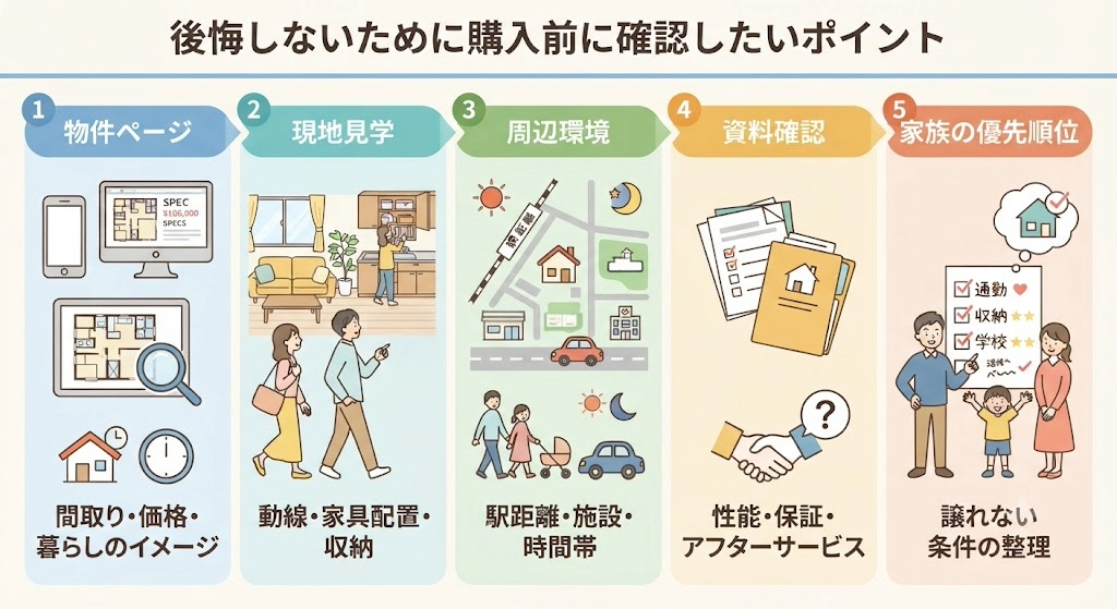 「後悔しないための住宅購入前に確認したい5つのポイント」を解説するインフォグラフィック。
1.物件ページ: スマートフォンとPCのアイコン、間取り図と虫眼鏡、家と時計のアイコン。「間取り・価格・暮らしのイメージ」を確認する。
2.現地見学: リビングで家具配置と動線を確認する家族のイラスト。「動線・家具配置・収納」をチェック。
3.周辺環境: 駅、スーパー、公園、バス停が描かれた地図と、家族が歩く姿。「駅距離・施設・時間帯」ごとの周辺環境を見る。
4.資料確認: 書類、フォルダ、握手と疑問符のアイコン。「性能・保証・アフターサービス」を資料で精査する。
5.家族の優先順位: チェックリストと「通勤」「収納」「学校」の条件、笑顔の家族。「譲れない条件の整理」を家族で行う。