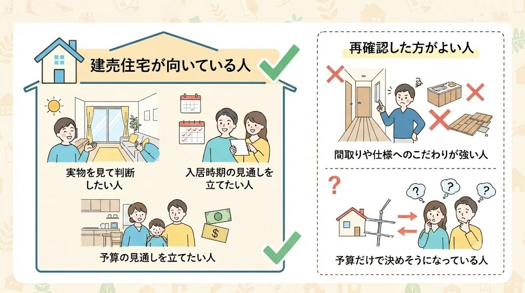 「建売住宅が向いている人(実物を見て判断したい人、入居時期や予算の見通しを立てたい人)と、再確認した方がよい人(間取りや仕様へのこだわりが強い人、予算だけで決めそうな人)の比較イラスト」