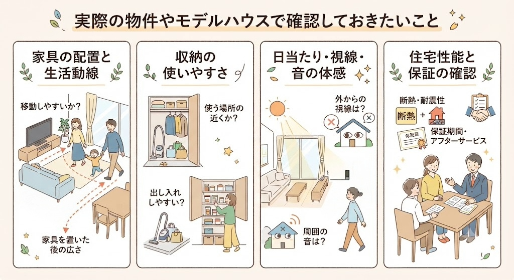 実際の物件やモデルハウスで確認しておきたい4つのポイント(家具配置・収納動線・日当たり視線音・性能保証)をまとめたチェックリスト図解