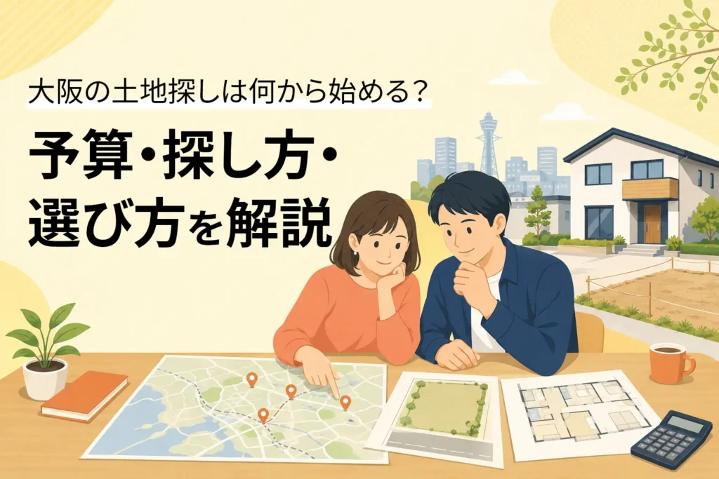 大阪で土地探しをする夫婦が地図と建物プランを確認している様子