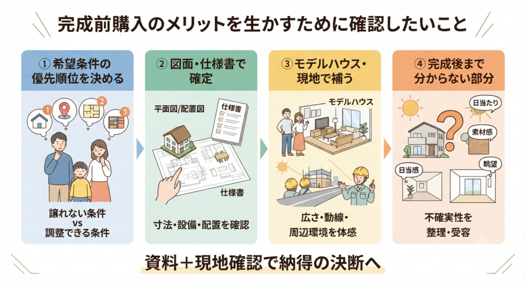 完成前購入のメリットを生かすための4ステップ(条件整理、図面確認、現地体験、不確実性の受容)を示す図解