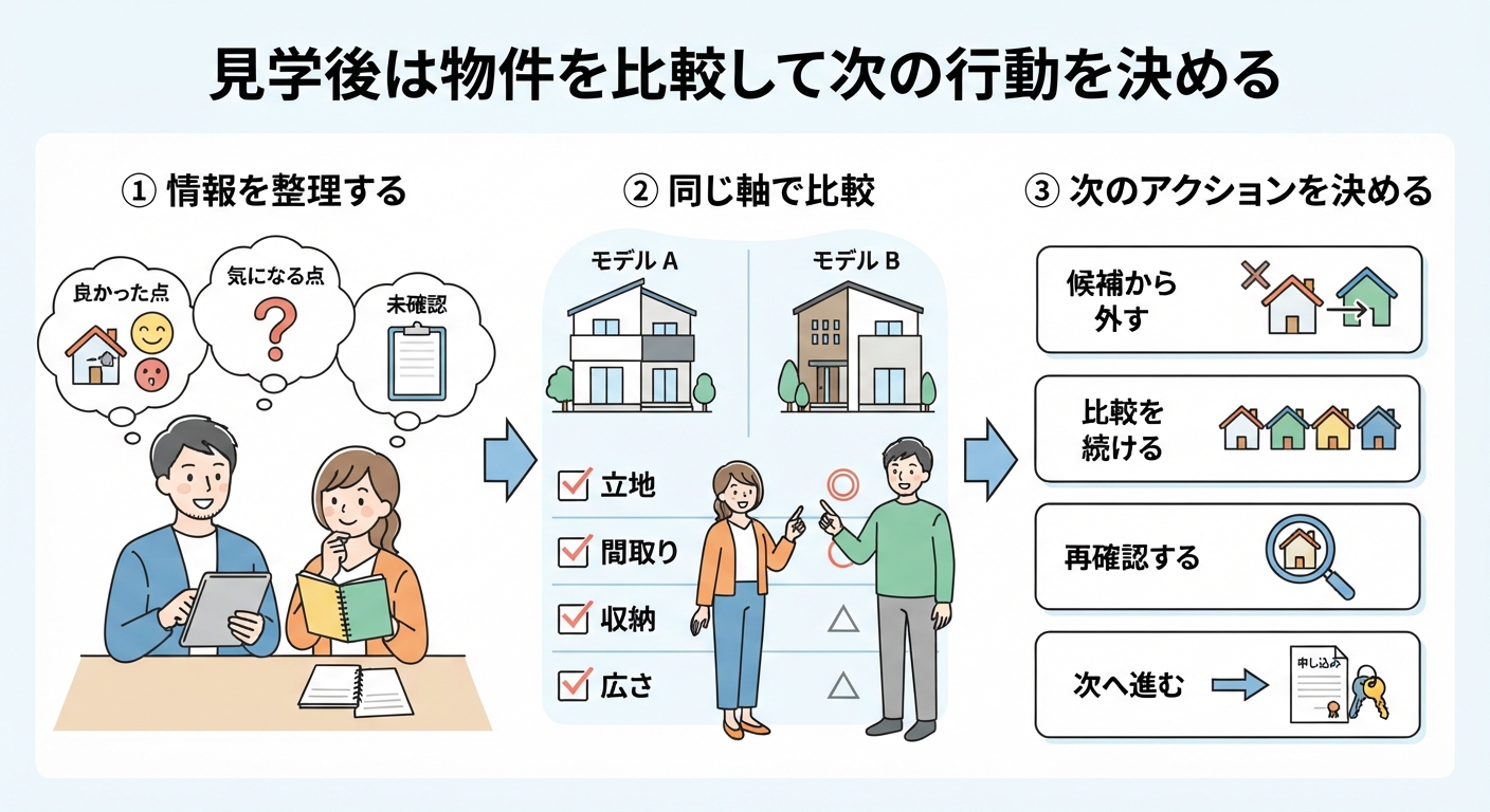 住宅見学後の比較・検討プロセスを図解したイラスト。情報を整理し、同じ基準で物件を比較し、次の行動(候補から外す、再確認、次へ進む)を選択する流れを示している。