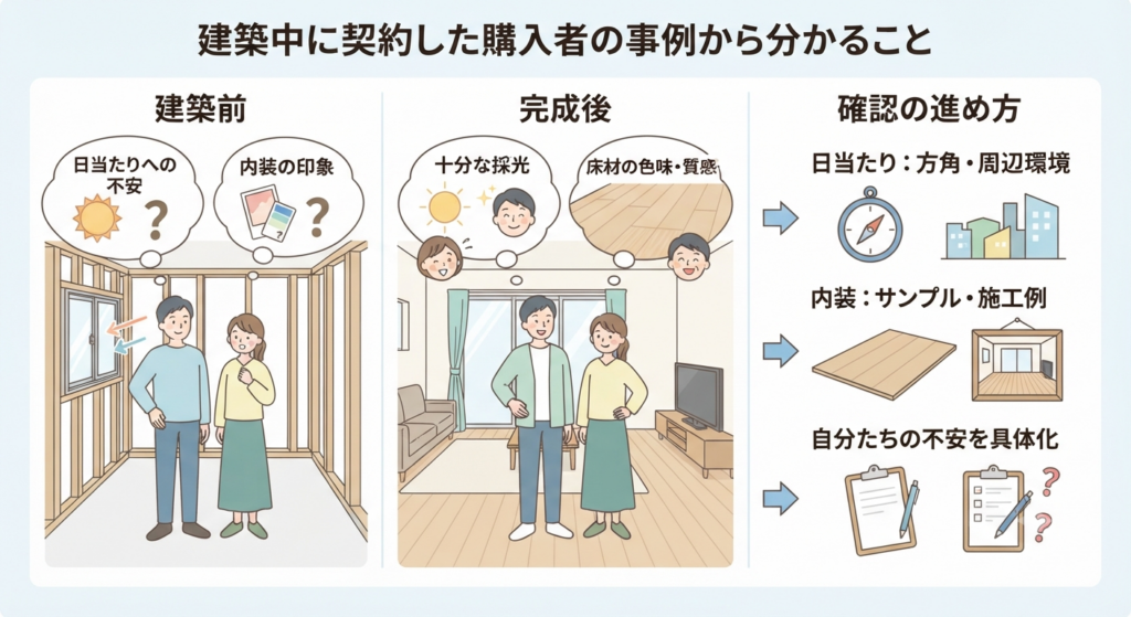 建築中の不安（日当たり、内装）から完成後の満足、そして確認すべきポイント（方角、サンプル、不安の具体化）までの流れをまとめた図解。