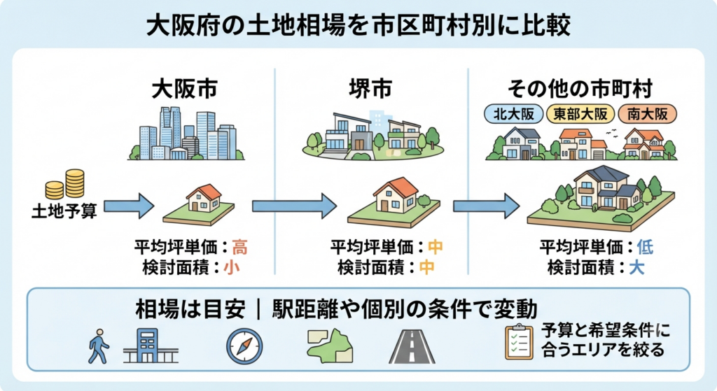 大阪府内の地域別（大阪市、堺市、その他）の地価と土地面積の比較図。同じ予算でも、地価の高い大阪市は土地が狭く、地価の安いその他地域は広くなることを示している。